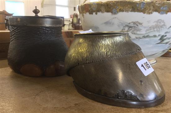 Mounted elephant foot inkstand and a similar horse hoof inkstand